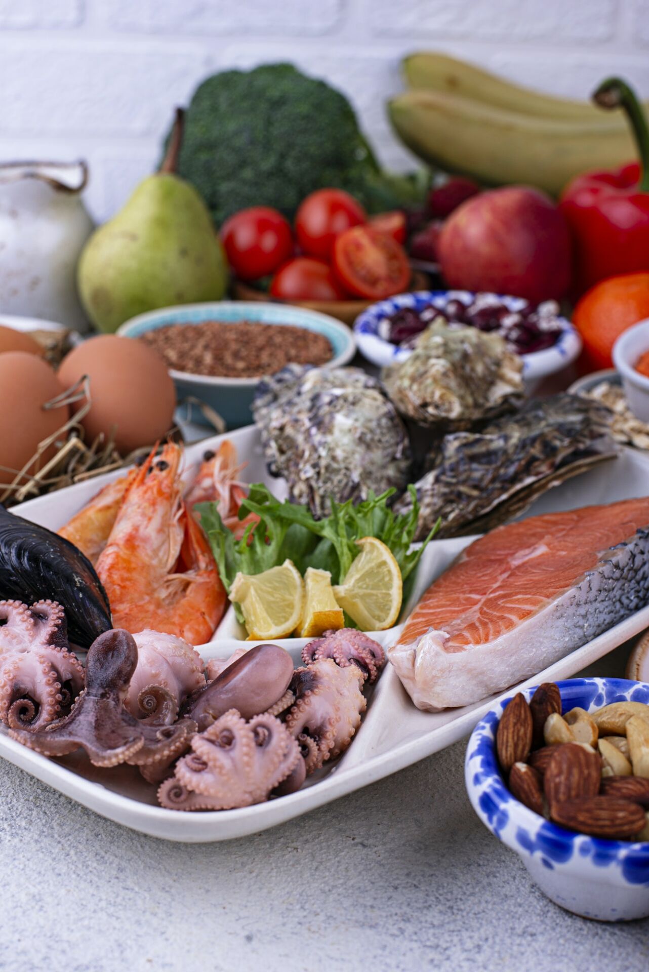 Pescetarian diet with seafood, fruit and vegetables